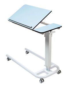 Over Bed Table, Parallel Base & 2 Piece Tilting Compact Grade Flat Laminate Top with Retaining Lip