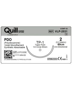 Suture Absorbable Quill PDO 2-0, Violet, 60cm, 1/2 Circle Taper Point, 65mm Needle, Uni-Directional [Pack of 12]