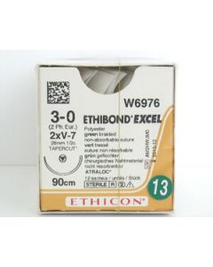 W6976 - ETHIBOND EXCEL NON-ABSORBABLE GREEN, 3/0, 90CM, 26MM, 1/2 CIRCLE TAPERCUT DOUBLE NEEDLE [PACK OF 12]