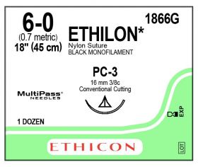 ETHICON ETHILON BLACK SUTURE 6-0 1X18" (45 CM) PC-3 1866G [PACK OF 12]