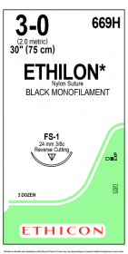 ETHICON ETHILON NYLON SUTURE BLACK MONOFILAMENT 1X30" (75 CM) FS-1 3-0 [PACK OF 36] - 669H