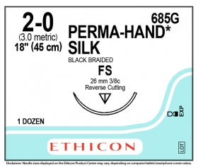 ETHICON PERMA HAND BLACK BRAIDED SILK SUTURE 1X18" (45 CM) FS  2-0 685G [PACK OF 12]
