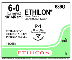 ETHICON ETHILON NYLON SUTURE CLEAR MONOFILAMENT 1X18" (45 CM) P-1 6-0 689G [PACK OF 12]