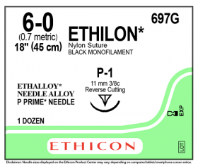 ETHICON ETHILON BLACK SUTURE 6-0 1X18" (45 CM) P-1 697G [PACK OF 12]