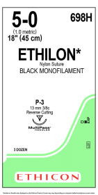 ETHICON ETHILON NYLON SUTURE BLACK MONOFILAMENT 1X18" (45 CM) P-3 5-0 698H [PACK OF 36]