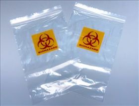 Polycare Clear Grip Seal Specimen Bag With Yellow Background And Red Biohazard Sign [Pack of 100]