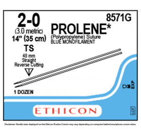 ETHICON PROLENE BLUE MONOFILAMENT SUTURE 1X14" (35 cm) TS DOUBLE ARMED 2-0 8571G [Pack of 12]