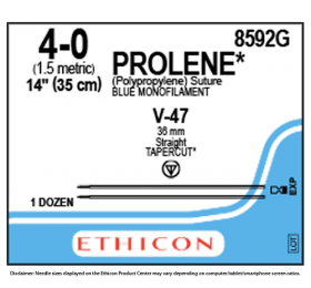 ETHICON PROLENE BLUE MONOFILAMENT SUTURE 1X14" (35 cm) V-47 DOUBLE ARMED 4-0 8592G [Pack of 12]