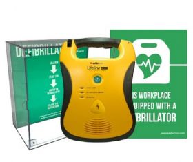 Defibtech Lifeline Semi-Automatic 5 Year Battery *FREE Upgrade to 7-Year Battery* with High Impact Illuminated Cabinet - Office Package